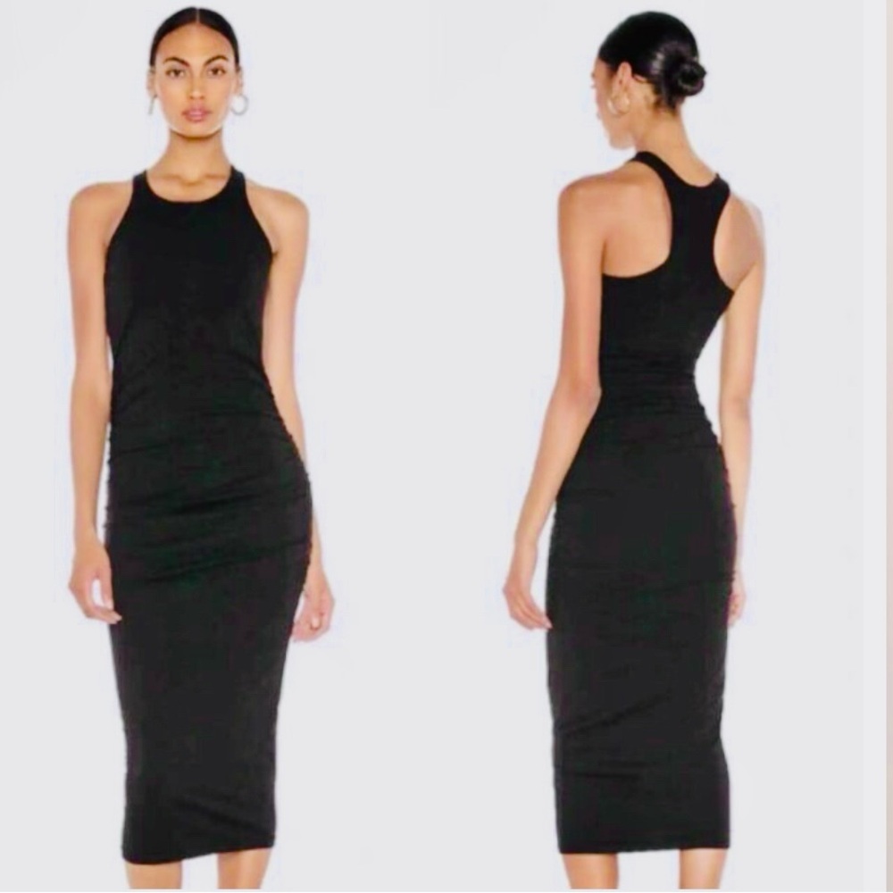 MICHAEL STARS Black Sleeveless Racerback Tank Side-Ruched Midi Dress Size Medium